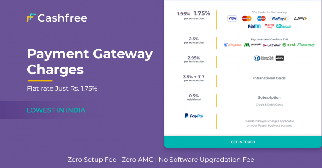 Payment gateway charges page. 